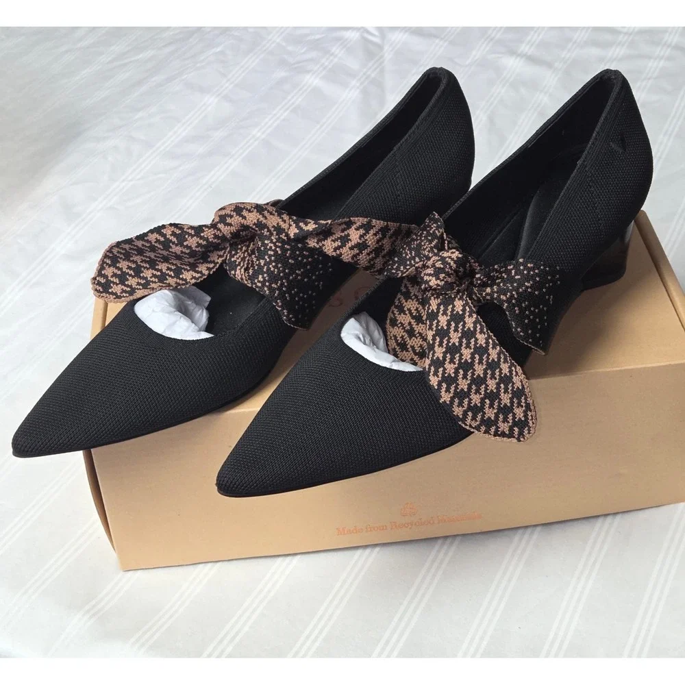 Vivaia Pointed-Toe Block Heel Mary Jane Knit Pumps Houndstooth Bow Size 7.5 EU38
